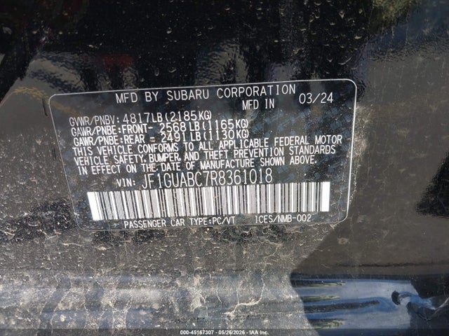 Aukcja sprzedaży 2024 Subaru Impreza Base 5-door, vin: JF1GUABC7R8361018, numer aukcji: 45167307