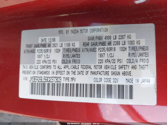 Aukcja sprzedaży 2009 Mazda Cx-7 Sport, vin: JM3ER29L590237303, numer aukcji: 45167317
