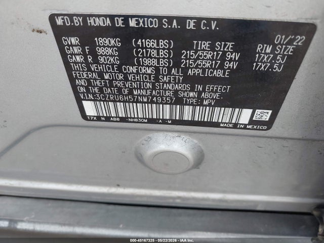Honda Hr-v Awd Ex 2022 3CZRU6H57NM749357 Image 9
