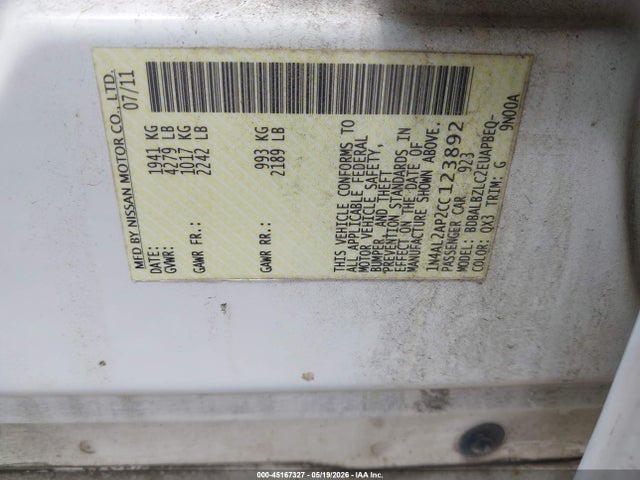 Aukcja sprzedaży 2012 Nissan Altima 2.5 S, vin: 1N4AL2AP2CC123892, numer aukcji: 45167327