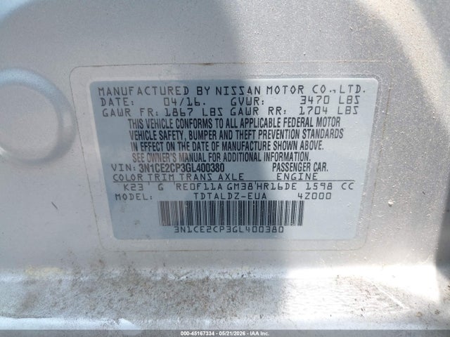 Продажа на аукционе авто 2016 Nissan Versa Note Sv, vin: 3N1CE2CP3GL400380, номер лота: 45167334