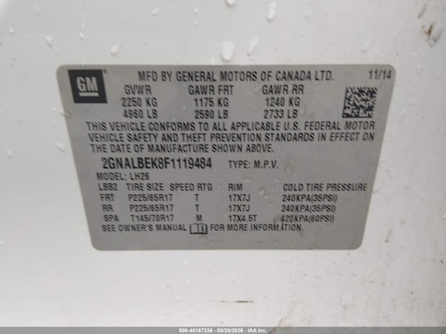 Aukcja sprzedaży 2015 Chevrolet Equinox 1lt, vin: 2GNALBEK8F1119484, numer aukcji: 45167336