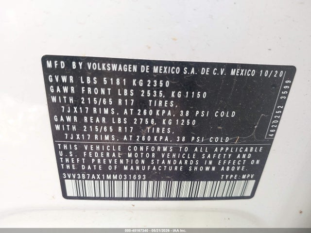 2021 Volkswagen Tiguan 2.0t Se/2.0t Se R-line Black/2.0t Sel მანქანა იყიდება აუქციონზე, vin: 3VV3B7AX1MM031693, აუქციონის ნომერი: 45167340