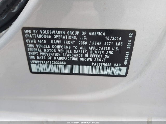 Aukcja sprzedaży 2015 Volkswagen Passat 1.8t Se, vin: 1VWBS7A31FC032853, numer aukcji: 45167344