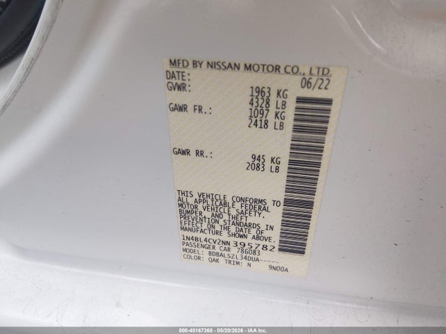 Aukcja sprzedaży 2022 Nissan Altima Sr Fwd, vin: 1N4BL4CV2NN395782, numer aukcji: 45167368