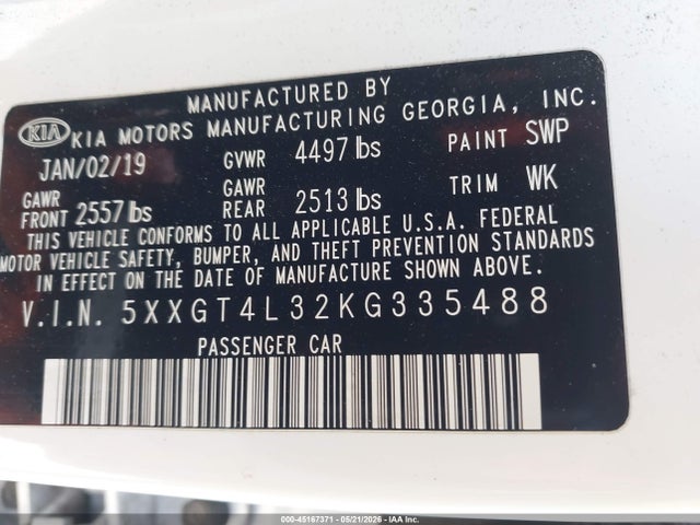 2019 Kia Optima Lx მანქანა იყიდება აუქციონზე, vin: 5XXGT4L32KG335488, აუქციონის ნომერი: 45167371