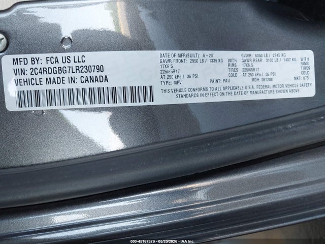 2020 Dodge Grand Caravan Se მანქანა იყიდება აუქციონზე, vin: 2C4RDGBG7LR230790, აუქციონის ნომერი: 45167379