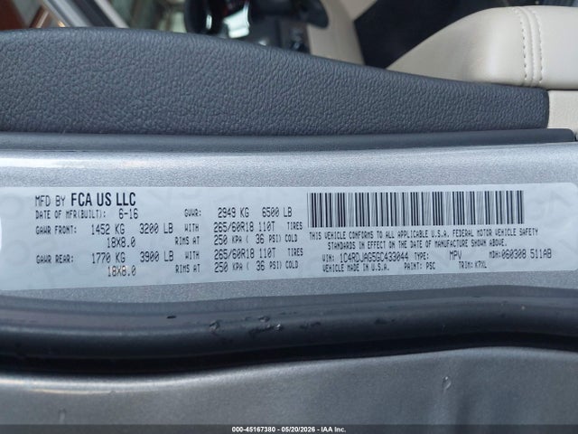 Продажа на аукционе авто 2016 Dodge Durango Sxt, vin: 1C4RDJAG5GC433044, номер лота: 45167380