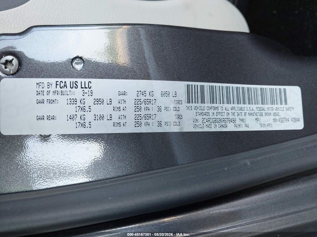 2019 Dodge Grand Caravan Se მანქანა იყიდება აუქციონზე, vin: 2C4RDGBG2KR676490, აუქციონის ნომერი: 45167381