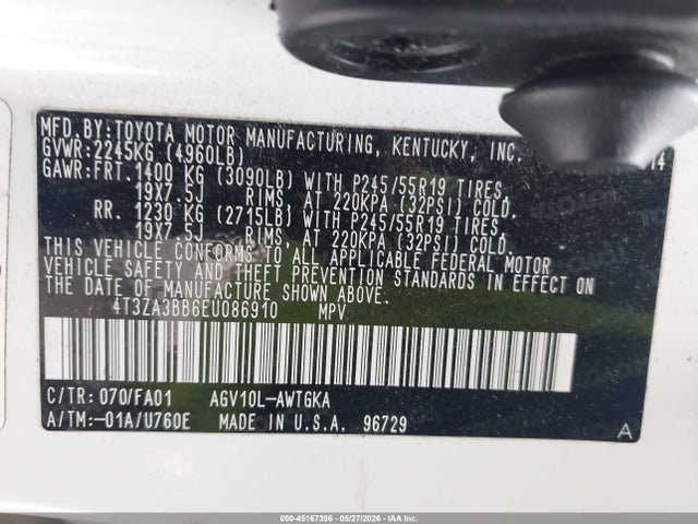 45167396 :رقم المزاد ، 4T3ZA3BB6EU086910 vin ، 2014 Toyota Venza Le مزاد بيع