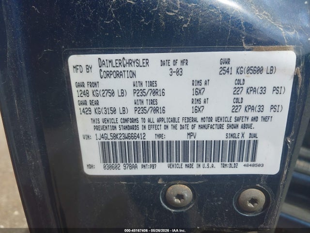 Продаж на аукціоні авто 2003 Jeep Liberty Limited Edition, vin: 1J4GL58K23W666412, номер лоту: 45167406
