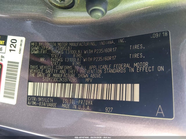 2019 Toyota Sienna Xle 8 Passenger მანქანა იყიდება აუქციონზე, vin: 5TDYZ3DC2KS974285, აუქციონის ნომერი: 45167408