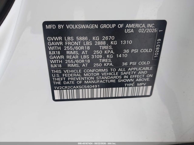 Продаж на аукціоні авто 2025 Volkswagen Atlas 2.0t Peak Edition, vin: 1V2CR2CAXSC540491, номер лоту: 45167424