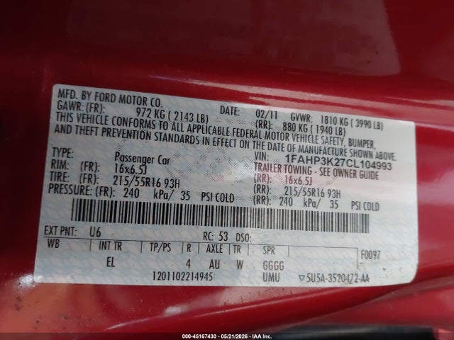 Продаж на аукціоні авто 2012 Ford Focus Se, vin: 1FAHP3K27CL104993, номер лоту: 45167430