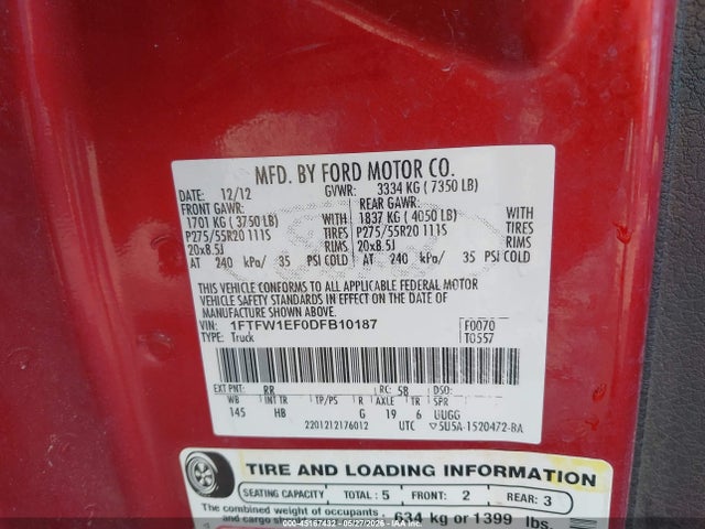 45167432 :رقم المزاد ، 1FTFW1EF0DFB10187 vin ، 2013 Ford F-150 Lariat مزاد بيع