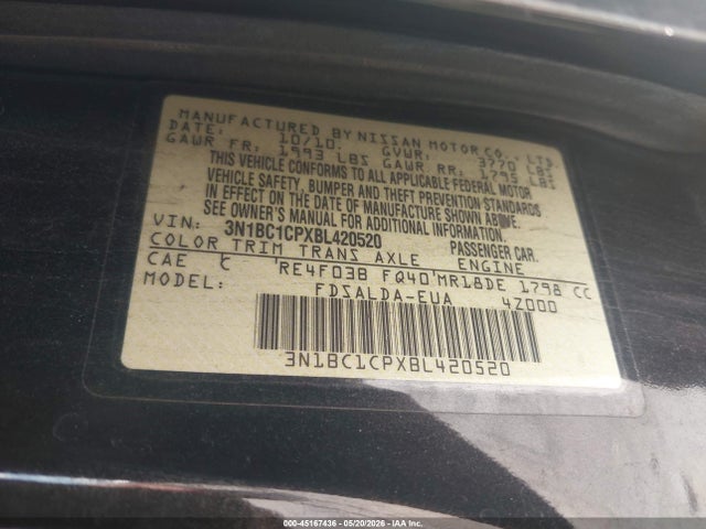 45167436 :رقم المزاد ، 3N1BC1CPXBL420520 vin ، 2011 Nissan Versa 1.8s مزاد بيع