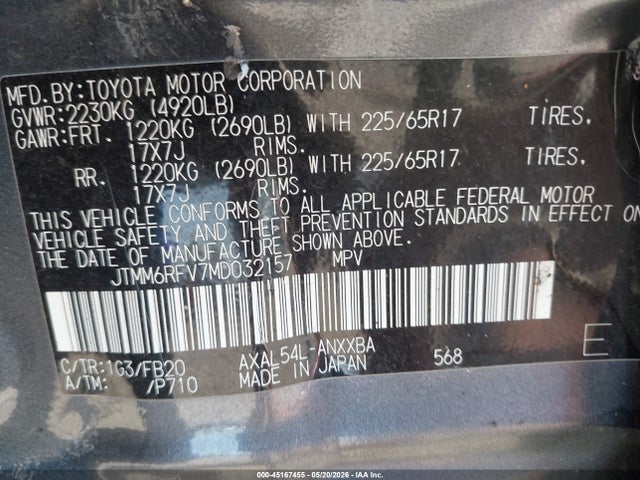 Aukcja sprzedaży 2021 Toyota Rav4 Hybrid Le, vin: JTMM6RFV7MD032157, numer aukcji: 45167455