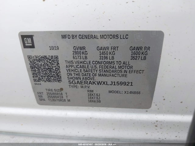 Продаж на аукціоні авто 2020 Buick Enclave Fwd Preferred, vin: 5GAERAKWXLJ159921, номер лоту: 45167457