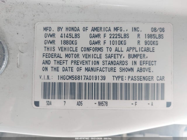 2007 Honda Accord 2.4 Ex მანქანა იყიდება აუქციონზე, vin: 1HGCM56817A019139, აუქციონის ნომერი: 45167462