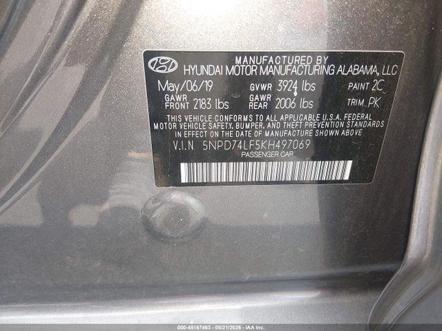 Продажа на аукционе авто 2019 Hyundai Elantra Se, vin: 5NPD74LF5KH497069, номер лота: 45167463