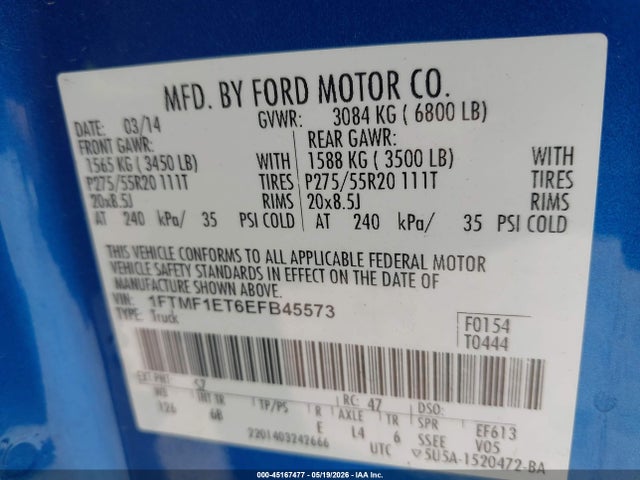 45167477 :رقم المزاد ، 1FTMF1ET6EFB45573 vin ، 2014 Ford F-150 Fx4 Tremor مزاد بيع