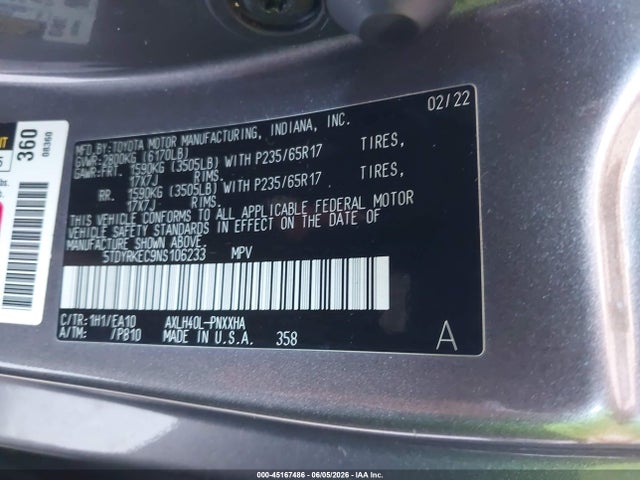 Aukcja sprzedaży 2022 Toyota Sienna Xle, vin: 5TDYRKEC9NS106233, numer aukcji: 45167486