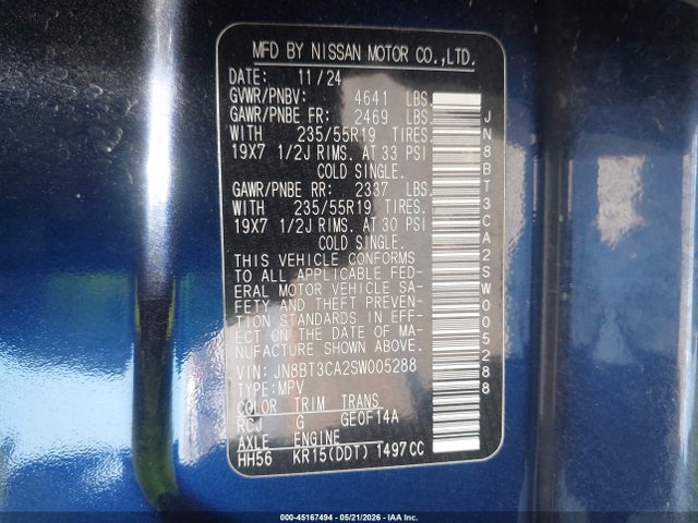 45167494 :رقم المزاد ، JN8BT3CA2SW005288 vin ، 2025 Nissan Rogue Sl Fwd مزاد بيع