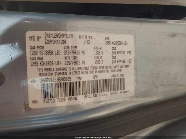 Aukcja sprzedaży 2003 Dodge Grand Caravan Se, vin: 1D4GP24353B209689, numer aukcji: 45167510