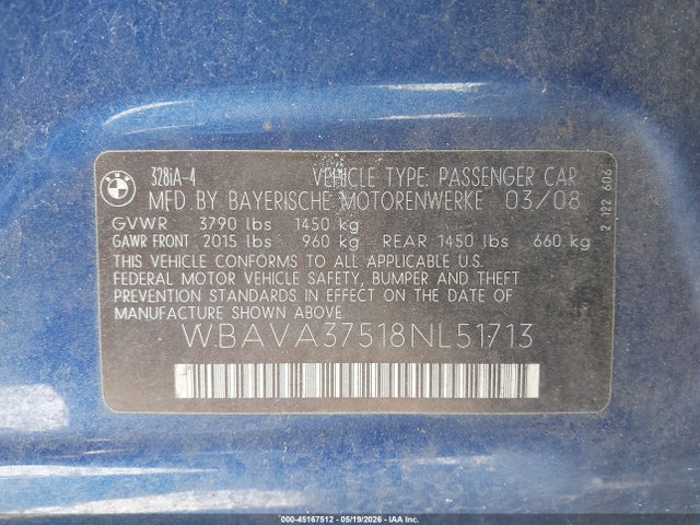 Продаж на аукціоні авто 2008 Bmw 328i, vin: WBAVA37518NL51713, номер лоту: 45167512