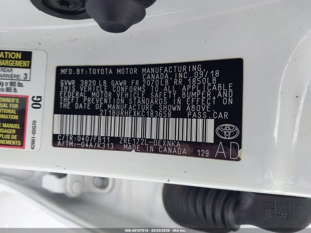Продажа на аукционе авто 2019 Toyota Corolla Le, vin: 2T1BURHEXKC183658, номер лота: 45167518