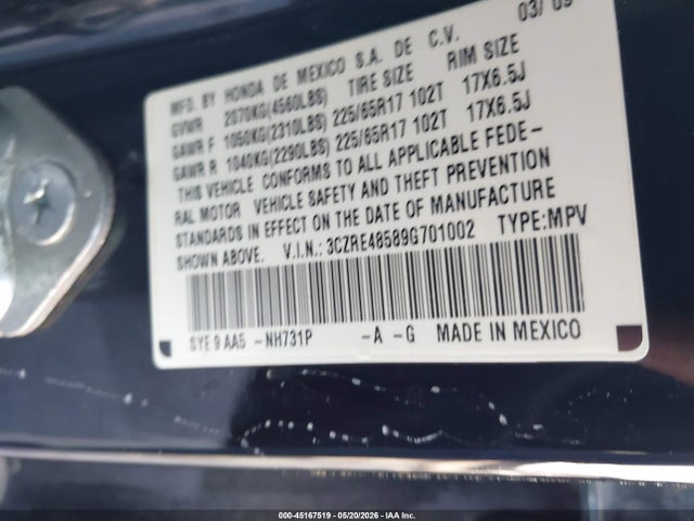 Продажа на аукционе авто 2009 Honda Cr-v Ex, vin: 3CZRE48589G701002, номер лота: 45167519