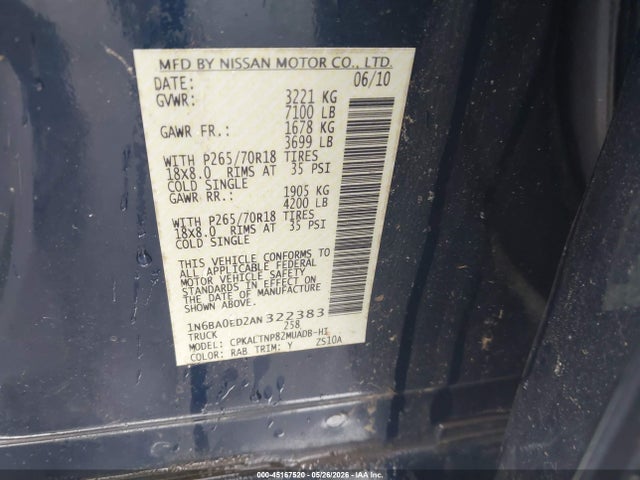 Aukcja sprzedaży 2010 Nissan Titan Se, vin: 1N6BA0ED2AN322383, numer aukcji: 45167520