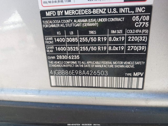 45167534 :رقم المزاد ، 4JGBB86E98A426503 vin ، 2008 Mercedes-benz Ml 350 4matic مزاد بيع