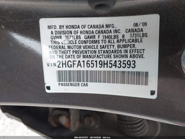 45167537 :رقم المزاد ، 2HGFA16519H543593 vin ، 2009 Honda Civic Lx مزاد بيع