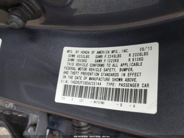 45167538 :رقم المزاد ، 1HGCR2F36EA035144 vin ، 2014 Honda Accord Lx مزاد بيع