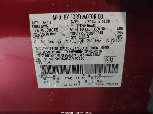 Aukcja sprzedaży 2011 Ford Explorer Xlt, vin: 1FMHK8D83BGA40820, numer aukcji: 45167544