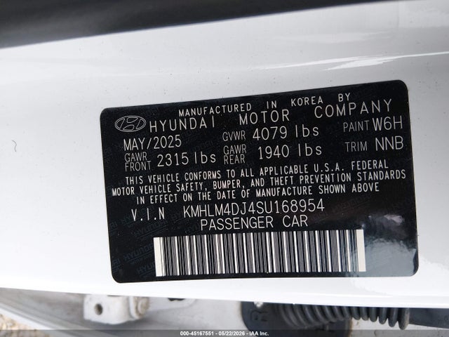 Aukcja sprzedaży 2025 Hyundai Elantra Hybrid Blue, vin: KMHLM4DJ4SU168954, numer aukcji: 45167551