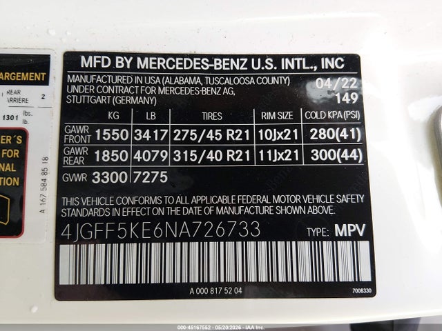 Aukcja sprzedaży 2022 Mercedes-benz Gls 450 4matic, vin: 4JGFF5KE6NA726733, numer aukcji: 45167552
