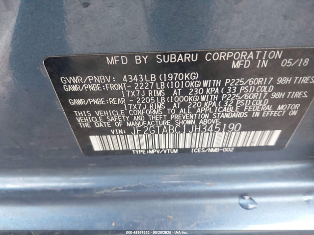 Aukcja sprzedaży 2018 Subaru Crosstrek 2.0i Premium, vin: JF2GTABC1JH345190, numer aukcji: 45167553