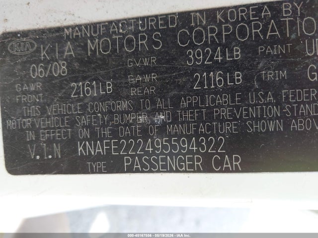 Продаж на аукціоні авто 2009 Kia Spectra Ex, vin: KNAFE222495594322, номер лоту: 45167556