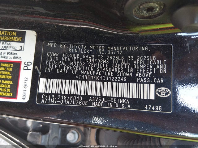 Продажа на аукционе авто 2012 Toyota Camry Le, vin: 4T1BF1FK1CU122249, номер лота: 45167558