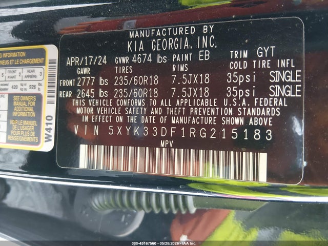 45167560 :رقم المزاد ، 5XYK33DF1RG215183 vin ، 2024 Kia Sportage Ex مزاد بيع