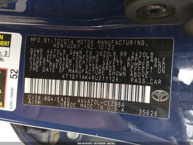 45167570 :رقم المزاد ، 4T1G11AK4RU211124 vin ، 2024 Toyota Camry Se مزاد بيع