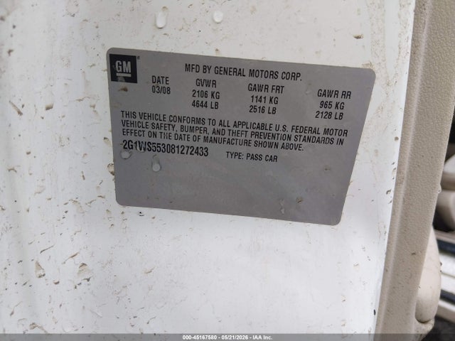 45167580 :رقم المزاد ، 2G1WS553081272433 vin ، 2008 Chevrolet Impala Police مزاد بيع