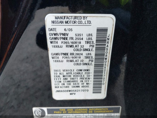 Продажа на аукционе авто 2005 Infiniti Fx35, vin: JNRAS08W05X217070, номер лота: 45167581