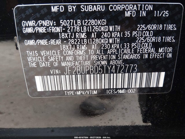 2026 Subaru Outback Premium მანქანა იყიდება აუქციონზე, vin: JF2BUPBD5TY472773, აუქციონის ნომერი: 45167584