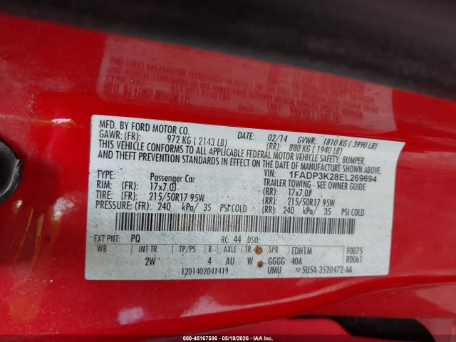 2014 Ford Focus Se მანქანა იყიდება აუქციონზე, vin: 1FADP3K28EL269694, აუქციონის ნომერი: 45167586