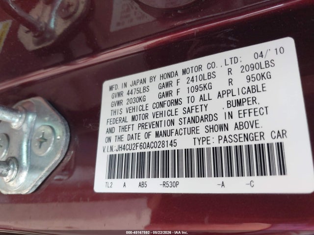 45167592 :رقم المزاد ، JH4CU2F60AC028145 vin ، 2010 Acura Tsx 2.4 مزاد بيع