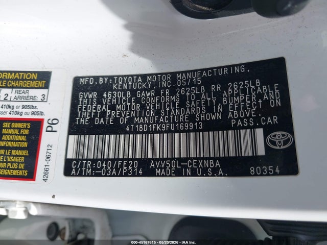 4T1BD1FK9FU169913 Toyota Camry Hybrid Le