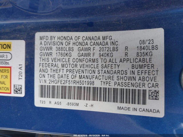 2HGFE2F51RH501998 Honda Civic Sport